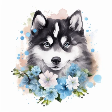 watercolor funny create kawaii marbled black ,silver, teal, chibi Alaskan Malamute with blue eyes forgetmenot flowers with babysbreath clipart, isolated on white background,space out--ar3:2--s1000