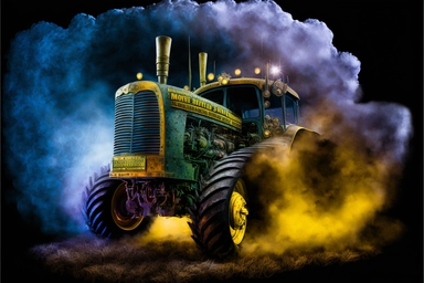 High-Definition Intense Tractor Airbrush Clipart, a souped-up tractor burns rubber down the dirt road. Old Corn Shuckin' Chuck Sneed is behind the wheel and the State Police is in pursuit. The exhaust flames billow up into the dark sky in the blazing-fast tractor's wake. The storm is rolling in. Cold Mike's Hard Lemonade, his favorite. The red and blue lights of the State Patrol are moving in fast. Only one more hour to the Corntown.. Riders On The Storm....