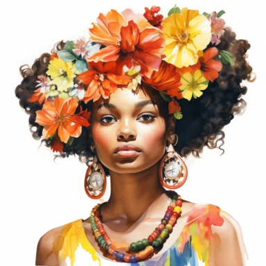 Illustrate a watercolor clipart portrait of an african young Black girl wearing a statement collar necklace made of intricately painted flowers clipart, white background