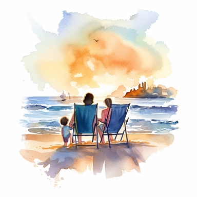 A family Enjoying sunset and sea waves at beach on their beach chair, water color style, clipart, white background