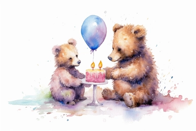 beautiful watercolor pastel 2 birthday baby bears eating birthday cake with balloons clipart, hd, pixar style, isolated on white background, spaced out