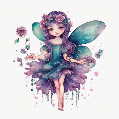 glitter hand illustrated hair fairy floral accents semi transparent flowy dress pretty wings hyper realistic watercolor holding wand smiling lips big eyes pretty fairy pink purple teal no background clipart style full body