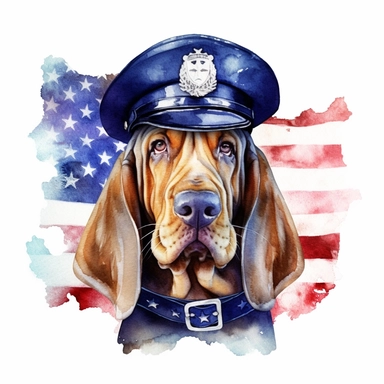 watercolor clipart, smiling Bloodhound, in style policeman, Police Badge, us flag collar, Police Uniform, police Hat or Cap, background american Flag, suitable for printing, hyper detailed, 300 dpi, 8k, high solution, no watermark