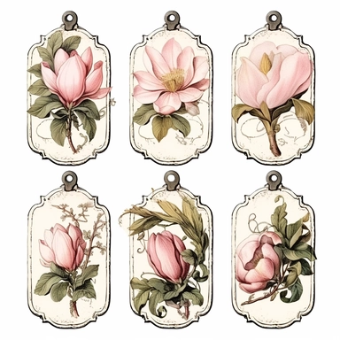 victorian number tags, clipart, isolated, with boquet of magnolia flower and delicate vines