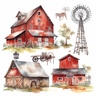 Watercolor Barns Clipart. Farm Style. Red Barn House, Horse, Tractor, Windmill, Wood Gate Illustrations. Wedding Invitation DIY white background