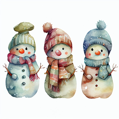 view from the front: watercolor Christmas snowman clipart collection in vintage winter style, set of three snowmen wearing different color hats and scarves comma, isolated background