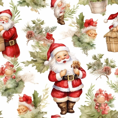 seamless, detailed watercolor, 1 christmas cute santa clipart, 5 fingers, hd, 4k, ultra quality, high quality,