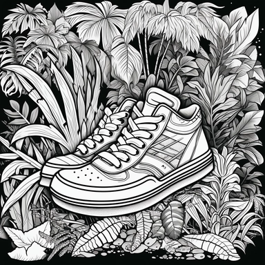 Coloring Page of Sneaker Safari Expedition: Design sneakers exploring the depths of a lush jungle, encountering rare animals and discovering hidden ancient ruins, Doodle Art, LSD, Simple Design, Clipart black and white, Flat Vector
