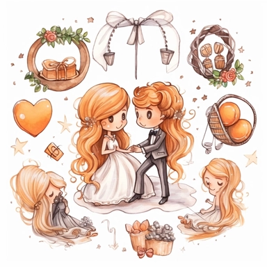 Wedding rings tied with a ribbon, cute kawaii wedding illustrations clipart set, ILLUSTRATIONS FOR THE BOOK, cartoon elements, different variants, girl with long hair in a wedding veil, wedding, husband and wife Love, Hearts balloons, veil, garland, wooden elements, sit on a bench, on the car, white transparent background separate elements with a margin Watercolor
