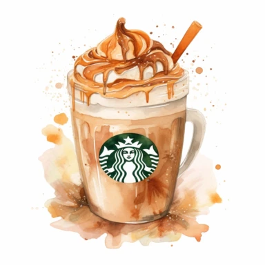 watercolor clipart starbucks pumpkin spice latte 2017, in the style of soft crosshatchings, dark brown, dreamy romanticism, uhd image, fairycore, sōsaku hanga, natural fibers