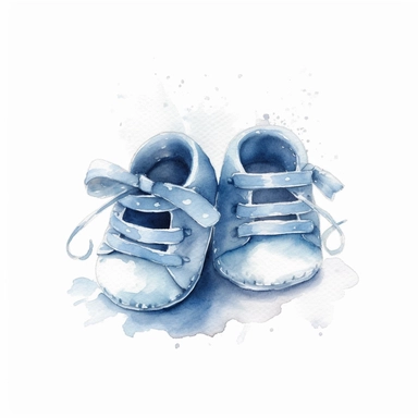 cute watercolor newborn soft blue baby shoes, watercolor effect, isolated white background, babyshower clipart, soft blue tones
