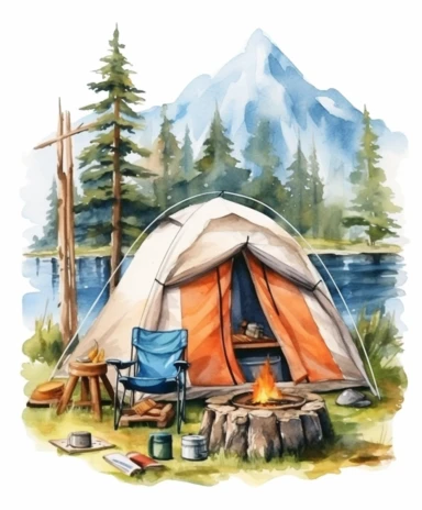 Watercolor painting about camping activities, element, clipart, one by one isolated on tranparent background, no noise, 300 DPI,