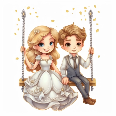 Cute Beautiful Happy Face Prince And Princess sit on a swing Sublimation Clipart ,Cartoon,hyper realistic, intricate detail, illustration style,high solution,on the white background