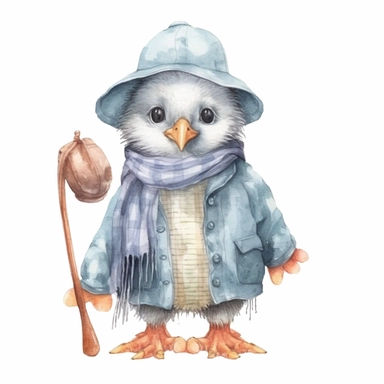 a Cute Happy Baby Penguin in clothing in the style of Watercolor Kate Greenaway Clipart, White Background