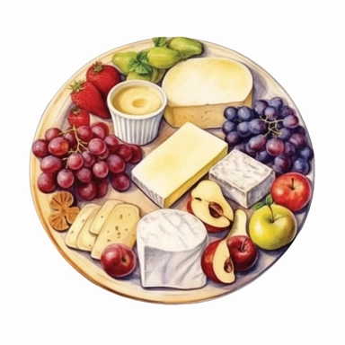 watercolor a round circular platter of veggies and fruits, in the style of soft renderings, made of cheese, colorful realism, packed with hidden details, editorial illustrations, quadratura, light white and maroon Clipart desert cartoon t-shirt graphic, vector, contour, isolated on a white background