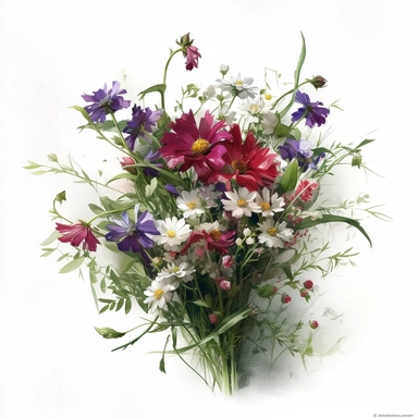 a simple gorgeous hand-tied bouquet of wildflowers and flowers with greenery tied together using ribbon, on white background clipart, deep purple, emerald green, and ruby red color theme, watercolor painting realistic, high quality, vibrant, Vicente Romero Redondo, Willem van Aelst, Elsa Beskow
