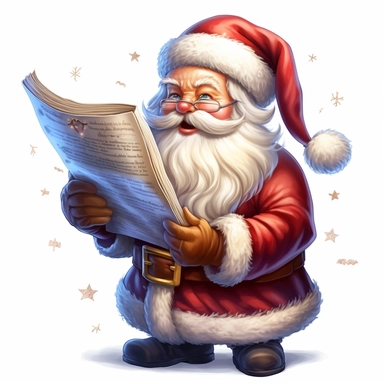 clipart with white background, a cute santa claus reading a long scroll, clearly defined separate image, high quality--ar3:4-no mockups, watermarks, numbers, writing, letters--q2--v5.1--s1000