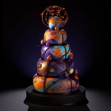 Interactive halloween cake, 5-tier, spherical design, each tier representing a celestial body in the couple's unique layer, hand-painted with edible luminescent colors, creating an ethereal glow in dim lighting, a motorized, food-safe mechanism enabling the tiers to rotate slowly, decorated with sugar constellations depicting the couple's love story, an embedded touchscreen interface allowing guests to explore the cake's design, and a built-in, synchronized light and sound show that activates wh