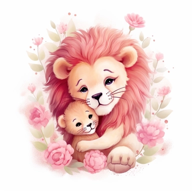 cute pink floral illustration, realistic adorable one baby cute lion hugging his cute mom, happy clipart, nursery style clipart, nursery animal art, kids wall art, baby room decor, isolated on white, ultra - detailed, high quality, ghibli style, award winning