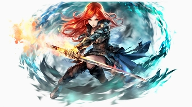 an anime character with red hair and blue flames, transparent background png clipart,anime,a city,a person with red hair and black clothes holding a sword in her hand,friends