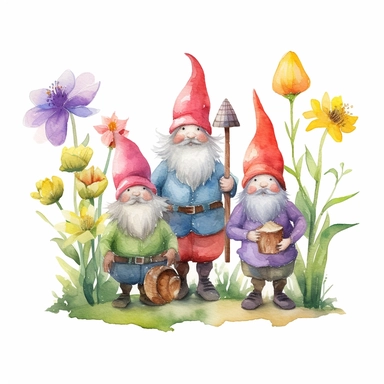 Spring 3Gnomes Bloom Butterfly Watercolor Clipart, a delightful illustration of three gnomes with brightly colored caps, one holding a blooming flower, another chasing a butterfly, and the third holding a watering can, all set against a clean white background, embodying the warmth, vitality, and joy of spring, Illustration, created using digital watercolor brushes to simulate the soft blending and vibrant hues of traditional watercolor