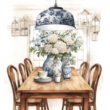 watercolor, hyper realistic, white background, white margins, 16k, ultra detailed clipart, cut out image, hand-drawn, whimsical a cozy dining room with a wooden table and white upholstered chairs, decorated with a hanging pendant light and a vase of white flowers