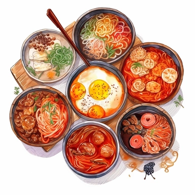 Kimchi, Korean fried chicken, Tokpokki, Ramyeon, Jajangmyeon, Kimbap, Bibimbab, Shabu Shabu, Sundubu jigae, Ginseng chicken soup, korean food, white background, clipart, Object, vector collection, 8k, watercolor