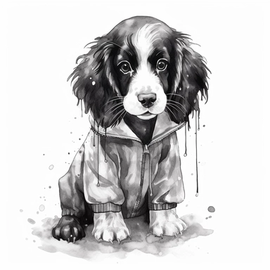 cute watercolor black and white spaniel puppy illustration, clipart, high detail wearing a fluffy raincoat with rain and puddles. high detail hd 8k, watercolor background,