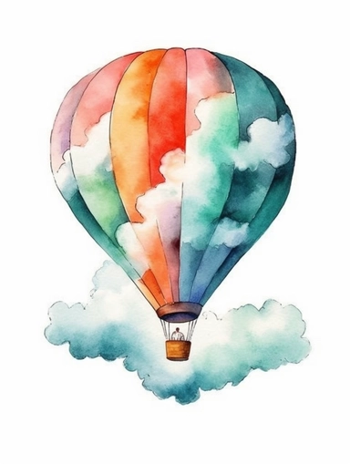 watercolor clipart with white background, hotair balloon floating in giant clouds, flat design, clearly defined separated image, high quality