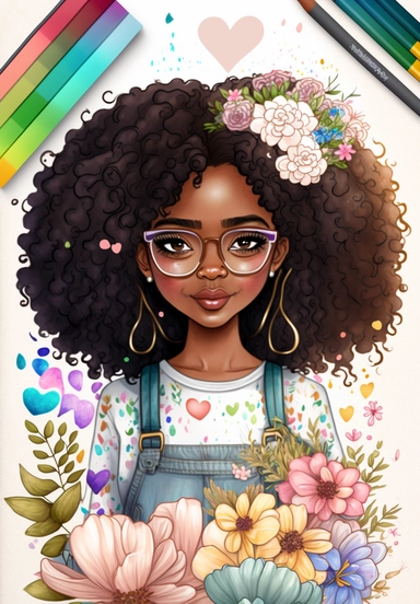 2d watercolor clipart kawaii, spring, april, character of beautiful african american woman, Intricately rendered dark Skinned woman, full body portrait, intricately rendered, 8k, long thick curls brown hair, sparkles, generously detailed, hyper realistic, digital, long rainbow eye lashes, beautiful retro comic urban chick, smart, books, nerdy, glasses, 8k,