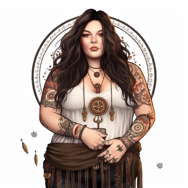 boho plus size woman, fair skin and dark hair, modern, semi-realistic, spiritual, witchy, clipart, fantasy, white background, high quality, beautifully accurate illustrations