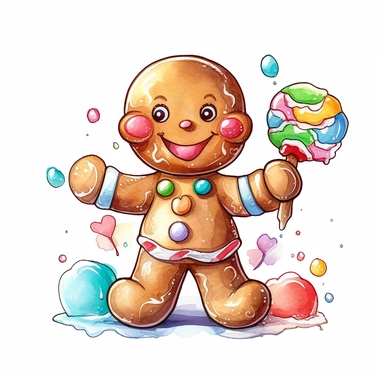 Gingerbread Man hold Candy style by Lucy Fleming, watercolor, smooth gradients, black contour outline, ultra detailed, clipart elements, delicate pastel colors, solid white background, super clear, high quality