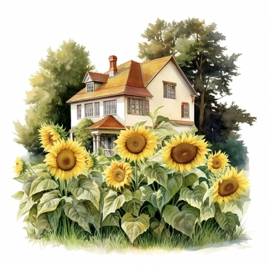 sunflowers growing in an English country garden, cottage in the background, original hand drawing, watercolor, understated and flawless coloring image, realistic image, transparent background, realistic painting, portrait without writing clipart, plain isolated white background, 8k ultra detail high sharpness