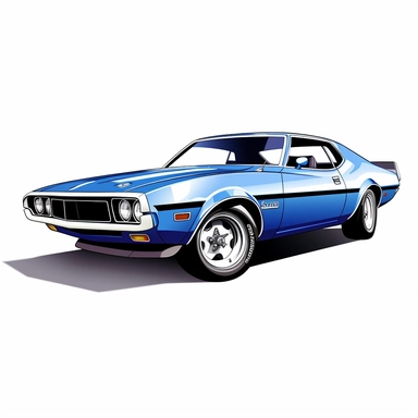 in clipart style, vector image, A meticulously crafted illustration of a 1971 Plum AMC Javelin AMX , highlighting its iconic design and graceful contours, placed against pure white background (style: evoking the accuracy and refinement of classic automobile blueprints) (lighting: deliberate, directional lighting, casting gentle highlights and shadows on the car's structure) (colors: an elegant palette for the car's body set against a pristine, white backdrop) (composition: captured from a side v