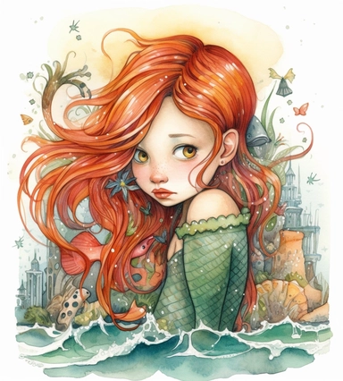 realistic burnished watercolored pencil cute little girl mermaid clipart, red hair, sea horse, rocks, sea, detailed, style of disney, on white background, spaced out