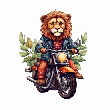 Create a clipart of a cute strong lion in a leather jacket riding a vintage motorcycle. Strong and vibrant colors. Jungle trees before a White Background, soft lighting.