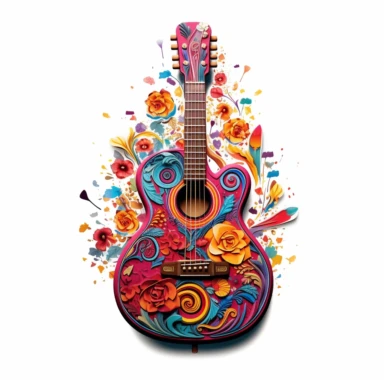 Against a white background, a clip art image showcases a meticulously detailed depiction of a guitar, adorned with vibrant and colorful elements. The guitar takes center stage, with its body and strings intricately illustrated to capture its essence. The body of the guitar features a vibrant burst of colors, blending seamlessly from one shade to another, evoking a sense of energy and creativity. Music notes, represented by a variety of shapes and sizes, dance playfully around the guitar, symboli