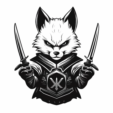 2D Black logo on a white background. Black fox samouraï with swords in hand Clipart. NO SHADING. KEEP THE LOGO SIMPLIFIED