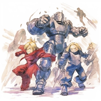 Watercolor fullmetal alchemist brotherhood, multiple poses, separate elements, high quality, high details, pencil draw style, white background, clipart, 8k, f1