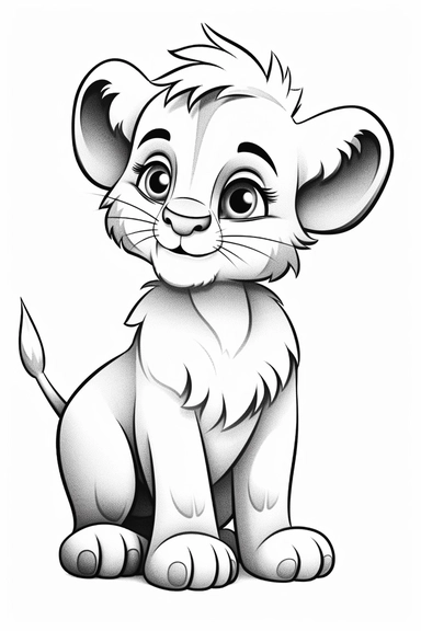 pixar baby Lion clipart, simple line art, monocromatic, isolated on white background, color image, full body, stroke line art, for toddler coloring, 8k
