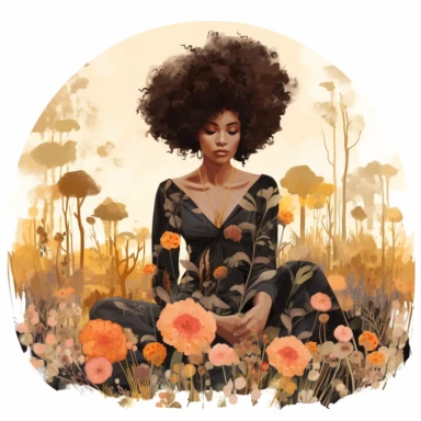 llustration of black woman, with an afro, boho modern aesthetic, cottagecore, avacadopunk, surrounded by florals, sitting in a meadow, flawless line work, watercolor, low detail, clipart, white background