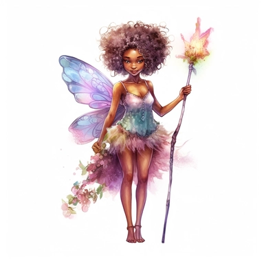 beautiful and friendly watercolor and colorful fantasy afroamerican fairy clipart, half-body, hd 4k, detailed, focused, realistic,holding a pixie wand, isolated on white background