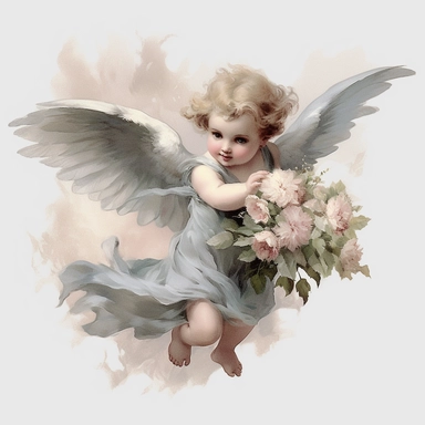 a victorian styled flying baby angel with watercolour effect,beautifull wings,unrealistic , floral details , suitable for digital cliparts , fantastic scene , high quality no physical deformation, realistic features