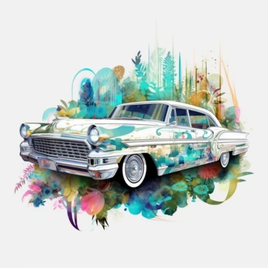 A stunning old retro car takes center stage in a Tron-inspired landscape, Limousine retro car, clipart, floral, watercolor splash, eucalyptus. The classic car boasts futuristic modifications, including neon accents and sleek digital paneling, merging the elegant lines of the vintage vehicle with the high-tech aesthetics of the Tron universe, white background, splash