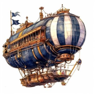 steampunk airship image, steampunk, intense colors, luxurious, victorian, clipart, watercolour, navy blue watercolor, white background, detailed