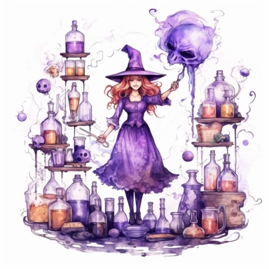 A clipart of a purple witch with a hat casting a spell with her hands, surrounded by floating potions and mystical symbols in a gothic-style laboratory, white background, watercolor, high resolution, 8k