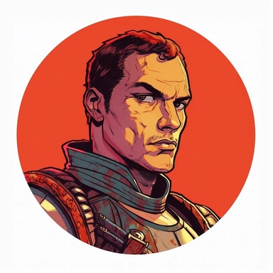 A Dungeons & Dragons character portrait circular tondo depicting a Slavic Moroccan knight, Butcher Billy Josh Kirby, Mad Max Lord of the Rings Discworld, handpainted retrowave, clipart illustration, circular solid background circular border