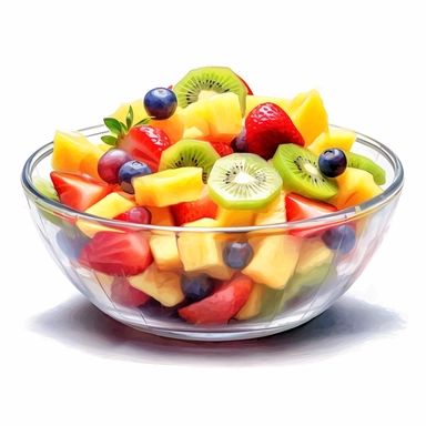 healthy fruit salad bown in the style of digital airbrushing, realistic yet stylized, digitally enhanced, clipart, 32k uhd, clipart, white background