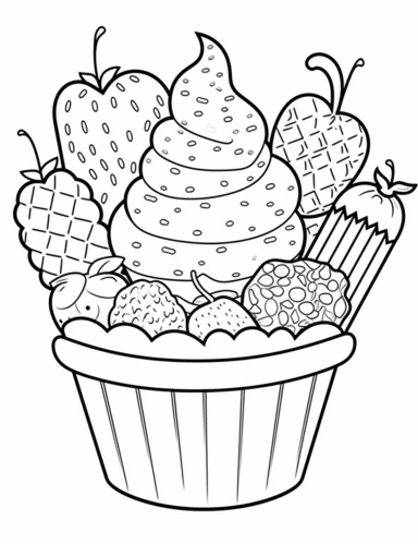 Kawaii Cake Icecream with delightful designs and flavors, like blueberry, chocolate chip, and banana For Simple Coloring page,line art, thick lines, black and white,clipart, illustration, on white background,margin Page 10px