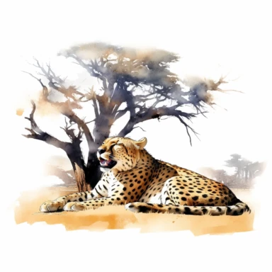 realistic watercolor cheetah taking a nap while yawning on a dry desert land with a huge tree under the shade on solid white background, clipart